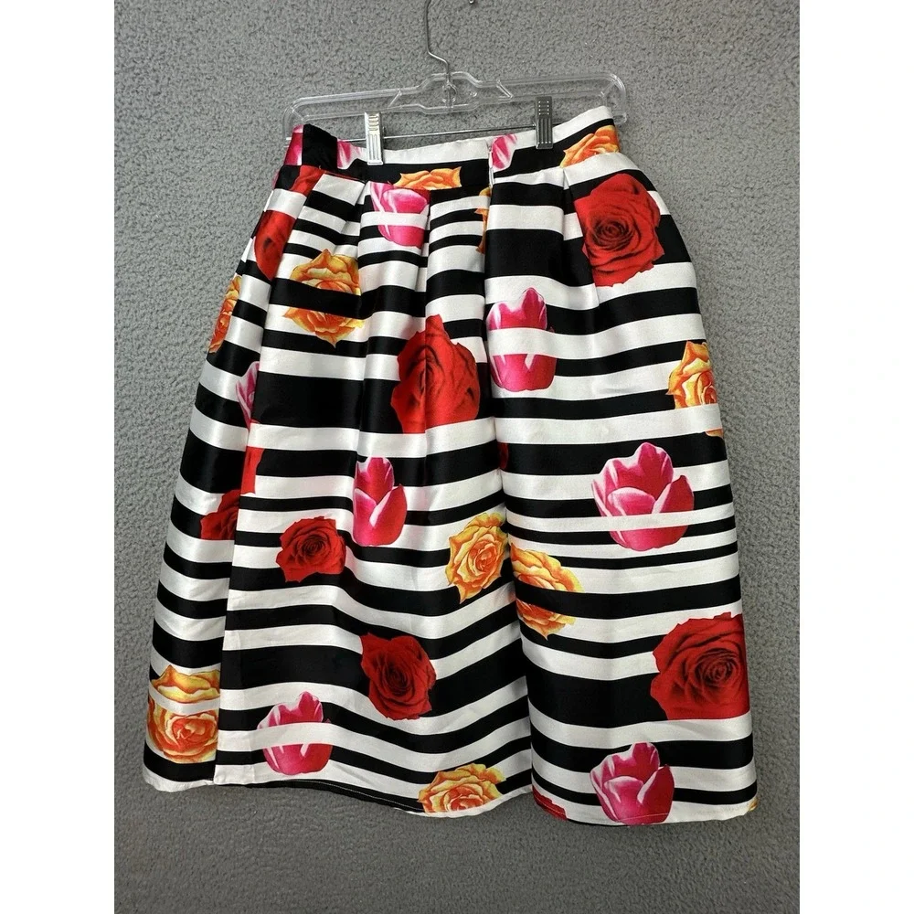 Rockabilly Black White Striped Floral Midi Skirt 50s Pleated Cabbage Rose Small